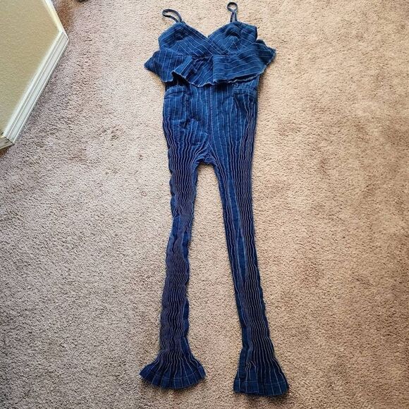 Anthropologie ett:twa Striped Chambray Denim Jumpsuit Large Peplum Hem S - Picture 6 of 6